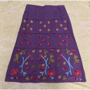 90s Y2K Blue Plate 100% Cotton Purple A-line Skirt W/ Embroidered Flowers Sz 2